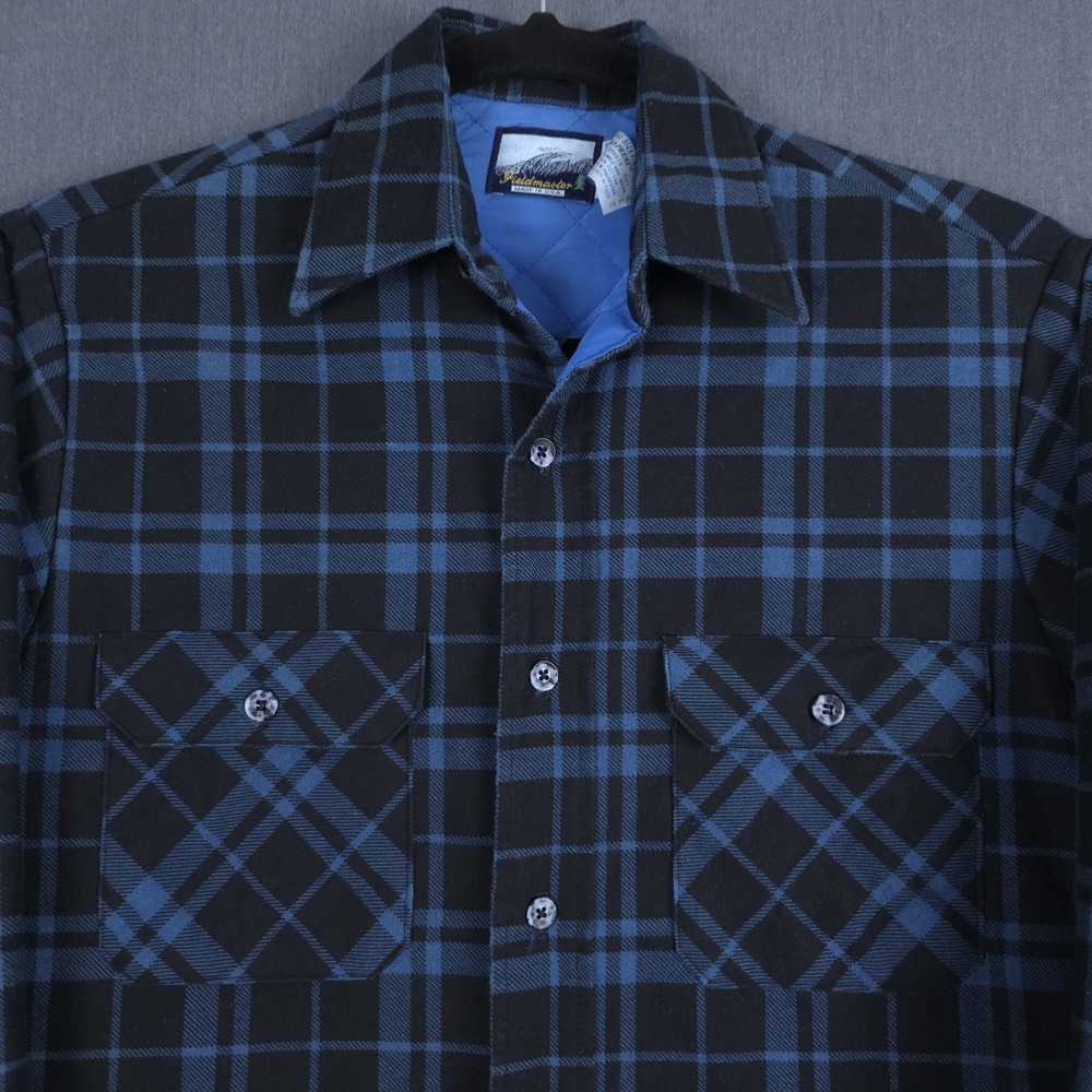 Fieldmaster Flannel Shirt Mens Medium 15.5 Black‎ Blue Plaid Quilt Lined Button - Picture 2 of 10